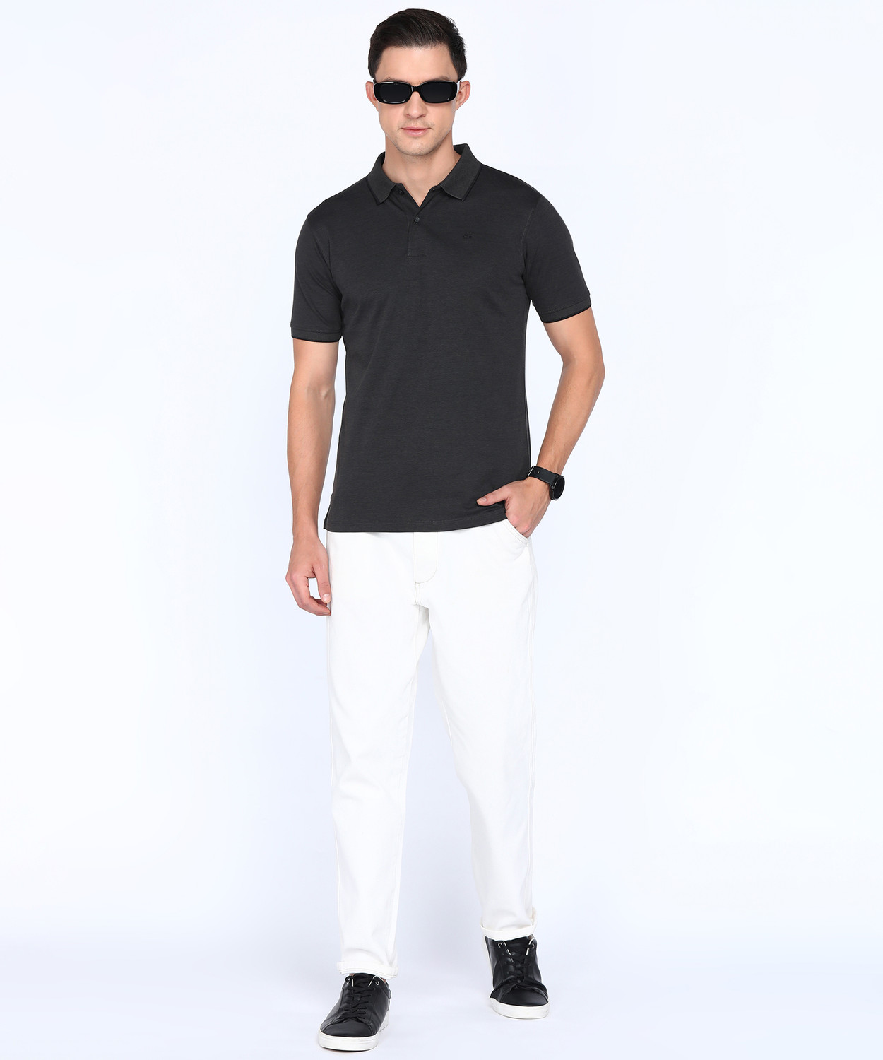 Image of PETER ENGLAND Solid Men Polo Neck Grey T-Shirt
