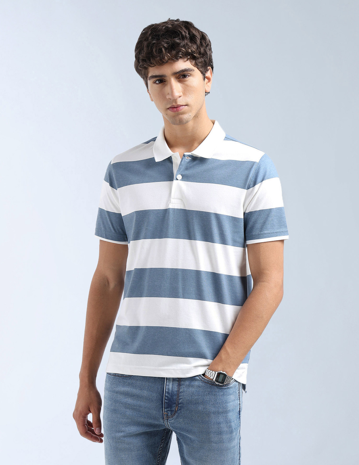 Image of FLYING MACHINE Striped Men Polo Neck Blue T-Shirt