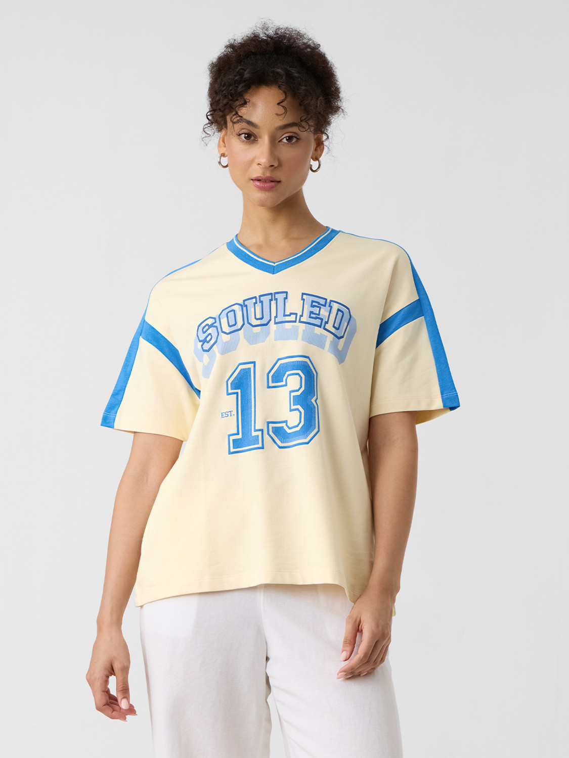 Image of The Souled Store Typography Women V Neck White T-Shirt