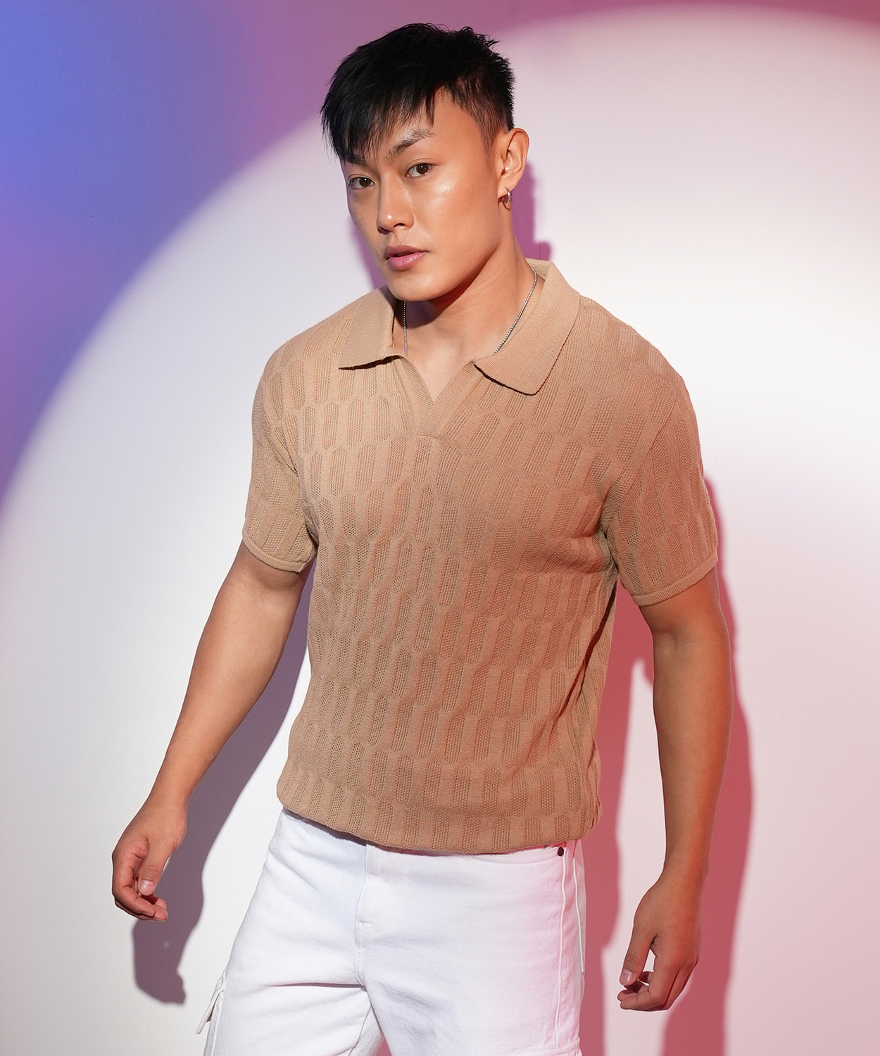 Image of CAHOOT Self Design Men Polo Neck Brown T-Shirt