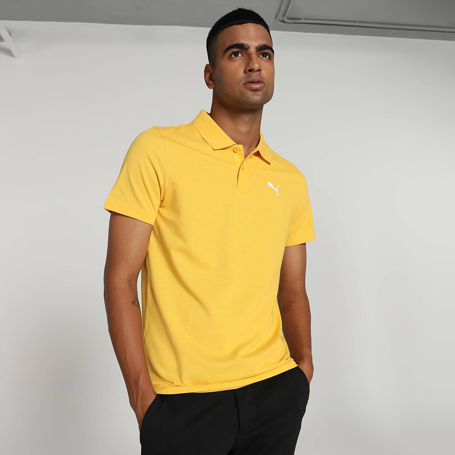 PUMA Ms Ess Men Solid Polo Neck Pure Cotton Yellow T-Shirt