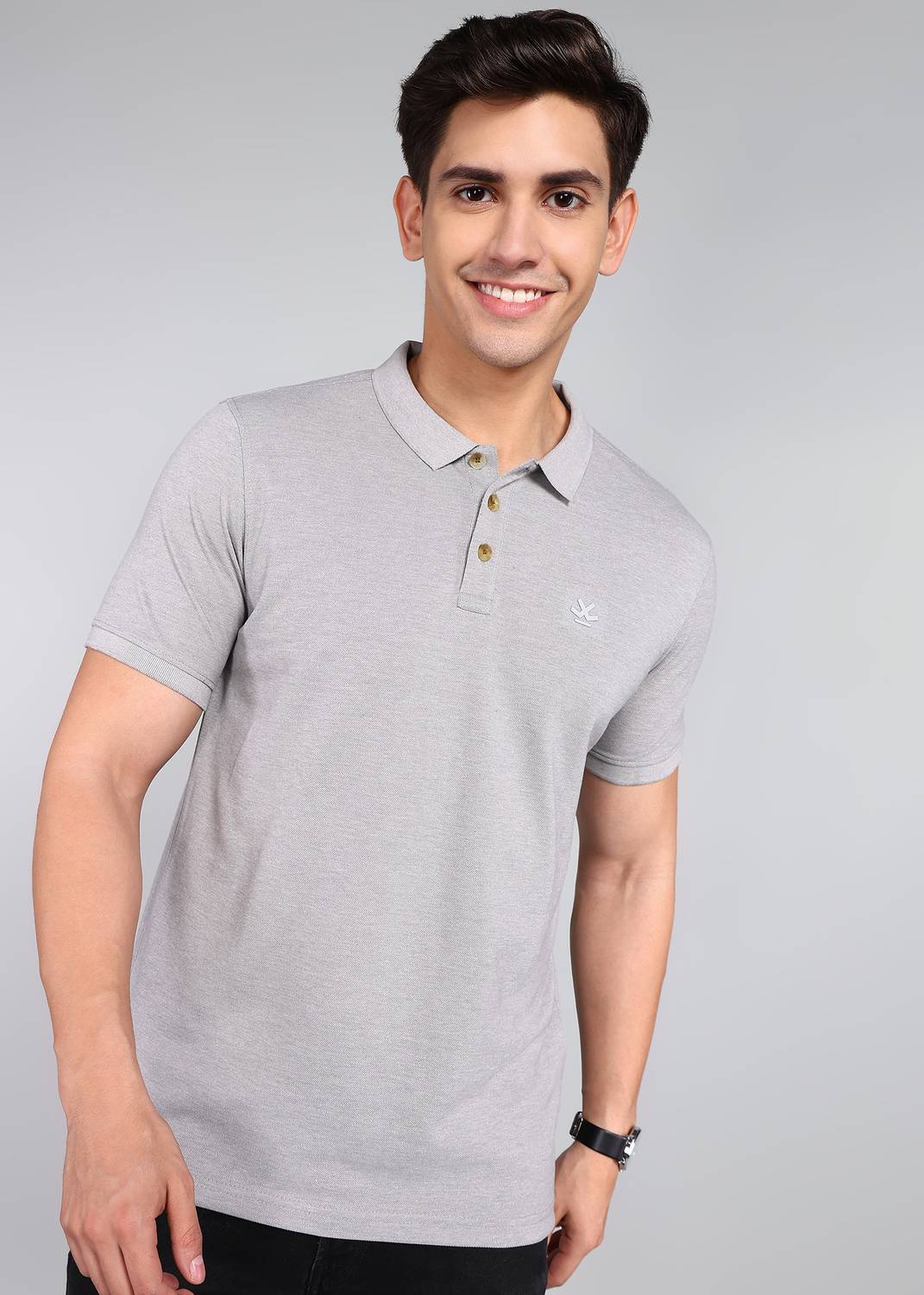WROGN Men Solid Polo Neck Pure Cotton Grey T-Shirt