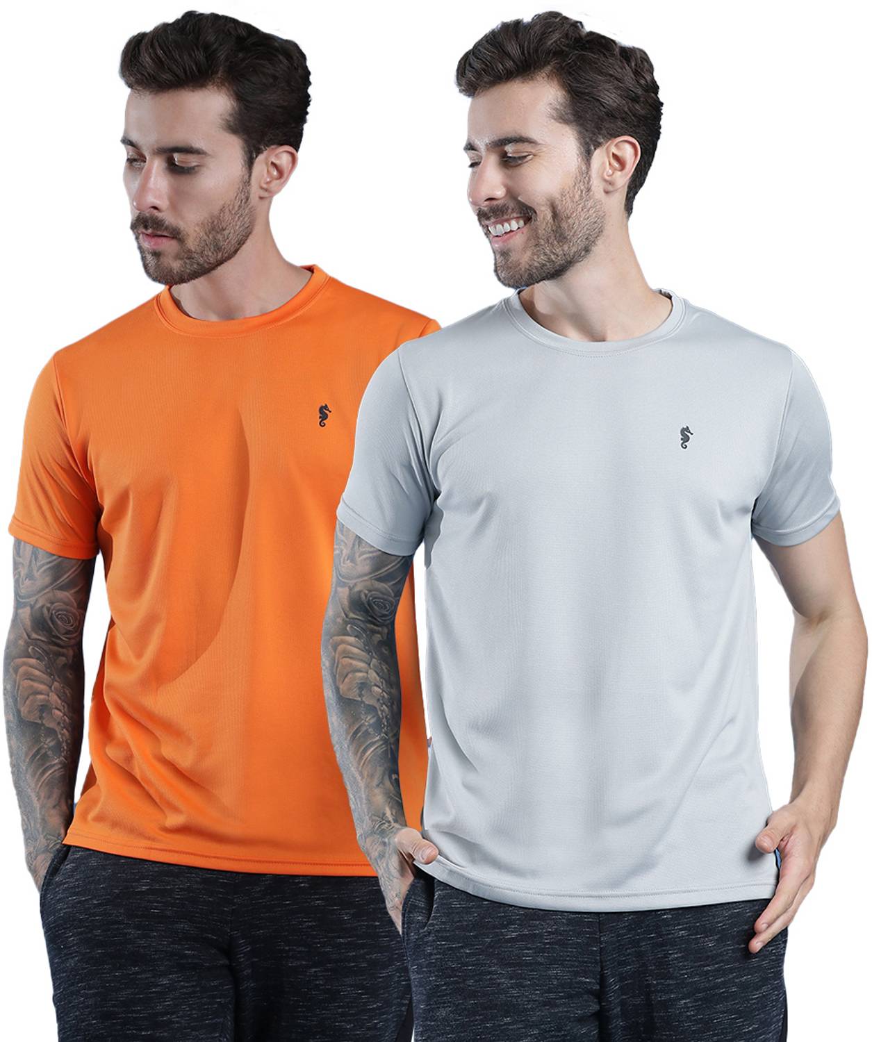 EPPE Pack of 2 Men Solid Round Neck Polyester Orange, Grey T-Shir