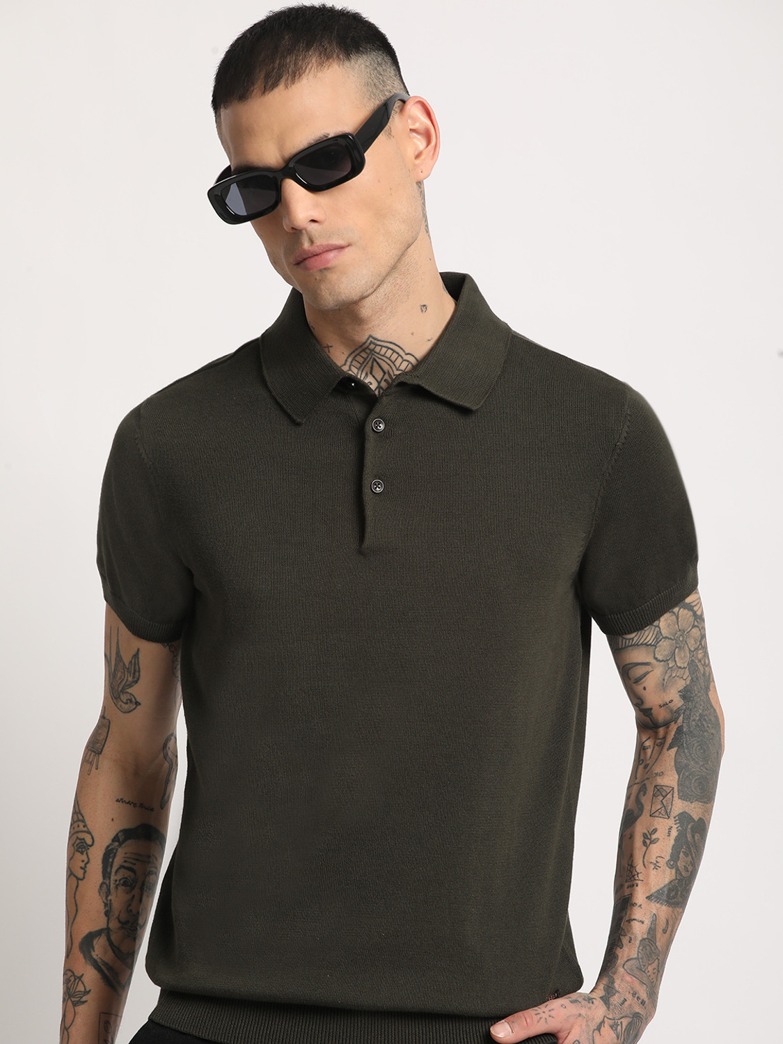 Image of THE BEAR HOUSE Solid Men Polo Neck Dark Green T-Shirt