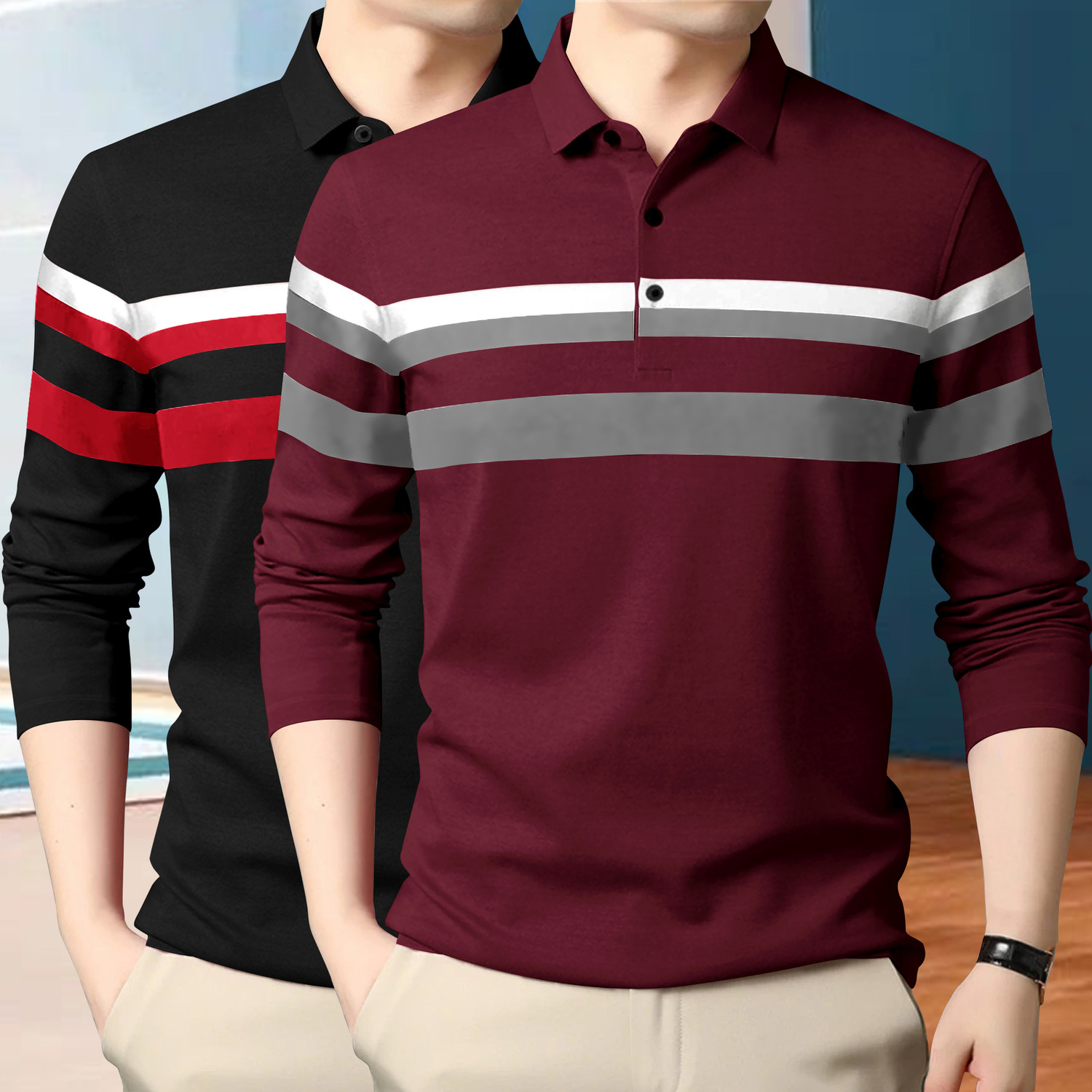 Image of GARBLY Striped Men Polo Neck Black T-Shirt