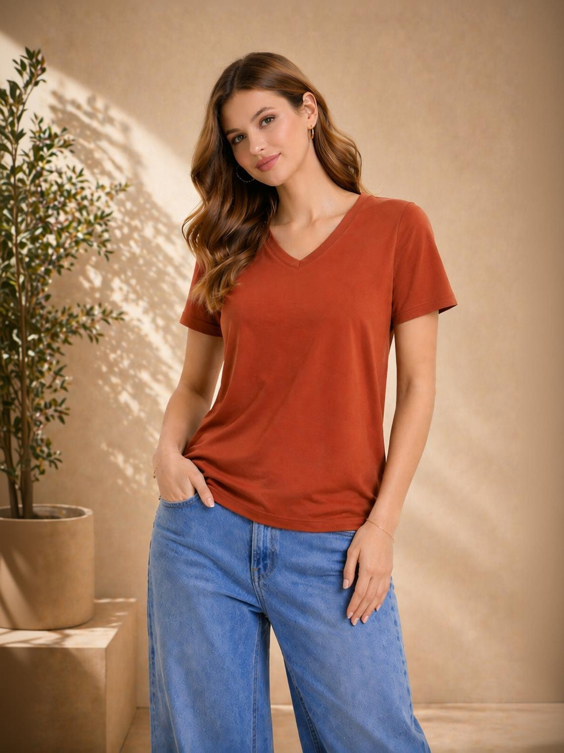 Image of Adyavastram Women Solid V Neck Cotton Blend Brown T-Shirt