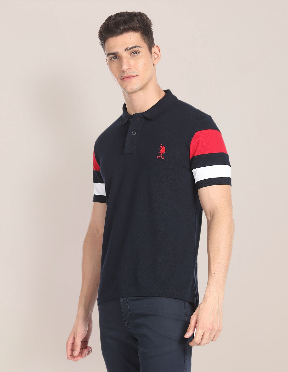 Image of U.S. POLO ASSN. Solid Men Polo Neck Blue T-Shirt