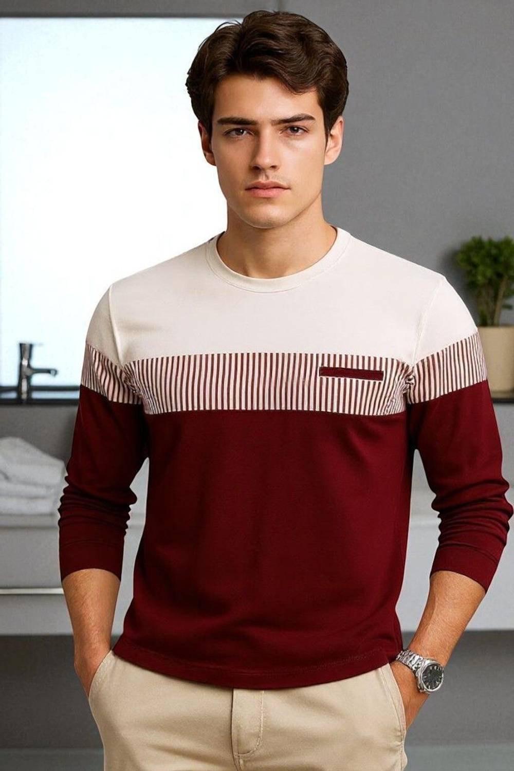 TREND AUTANASH Colorblock Men Round Neck Maroon T-Shirt