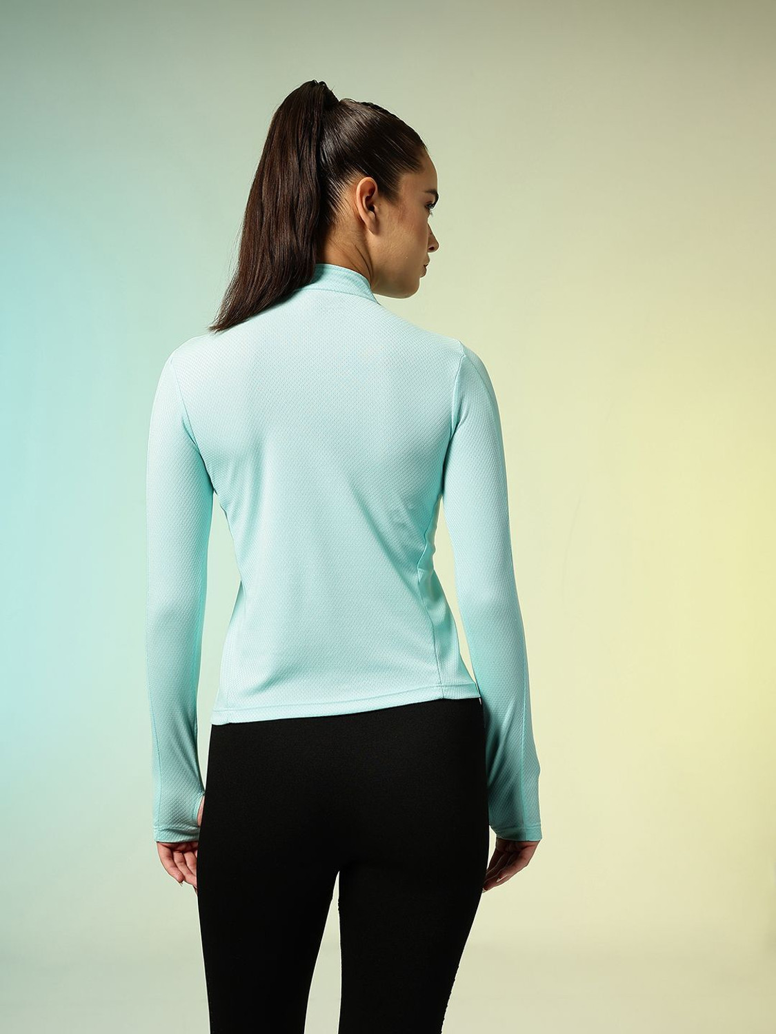Image of HRX by Hrithik Roshan Women Printed High Neck Polyester Blue T-Shirt