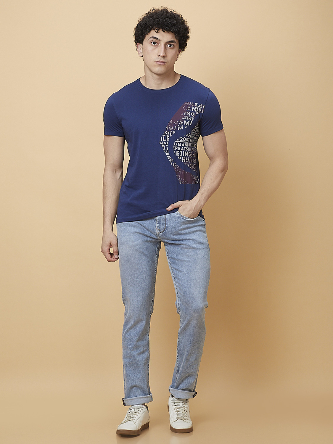 Image of BEING HUMAN Typography Men Crew Neck Dark Blue T-Shirt