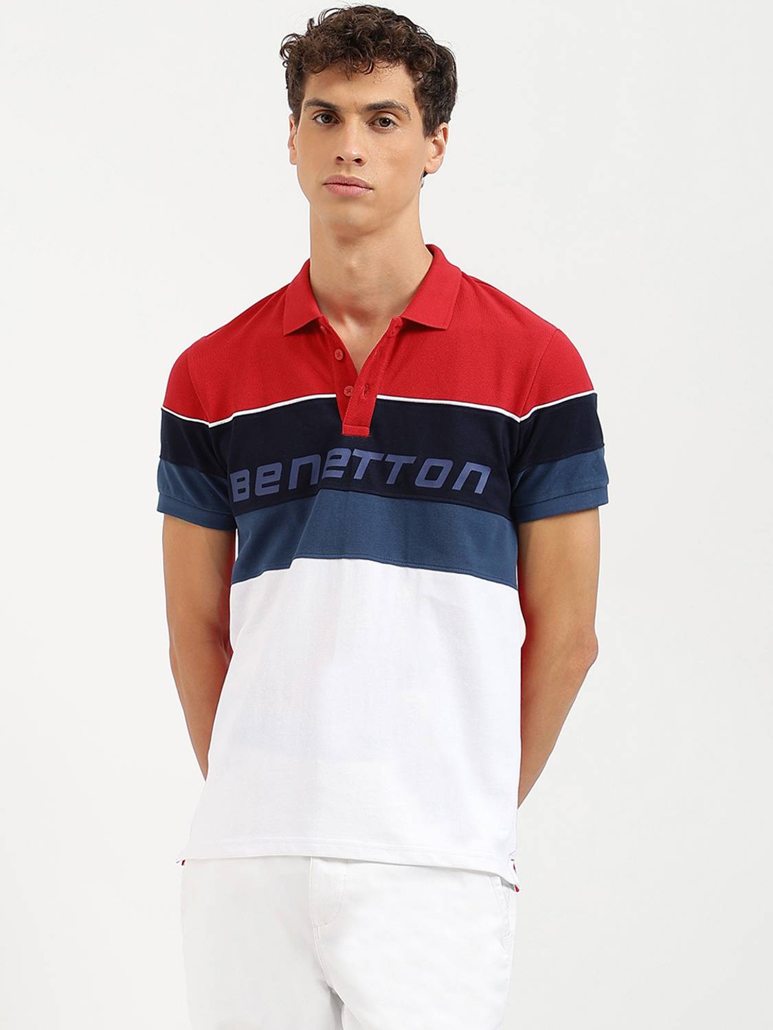 United Colors of Benetton Men Colorblock Polo Neck Pure Cotton Re