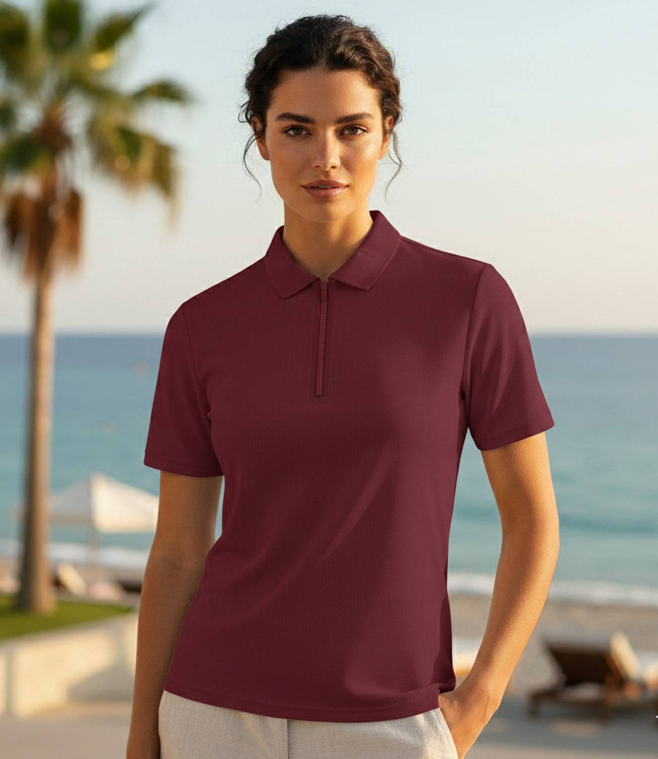 Moddrem Solid Women Polo Neck Maroon T-Shirt