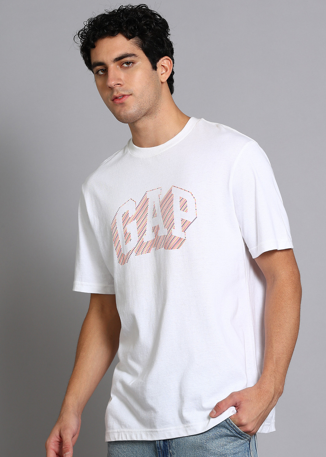 Image of GAP Printed Men Round Neck White T-Shirt