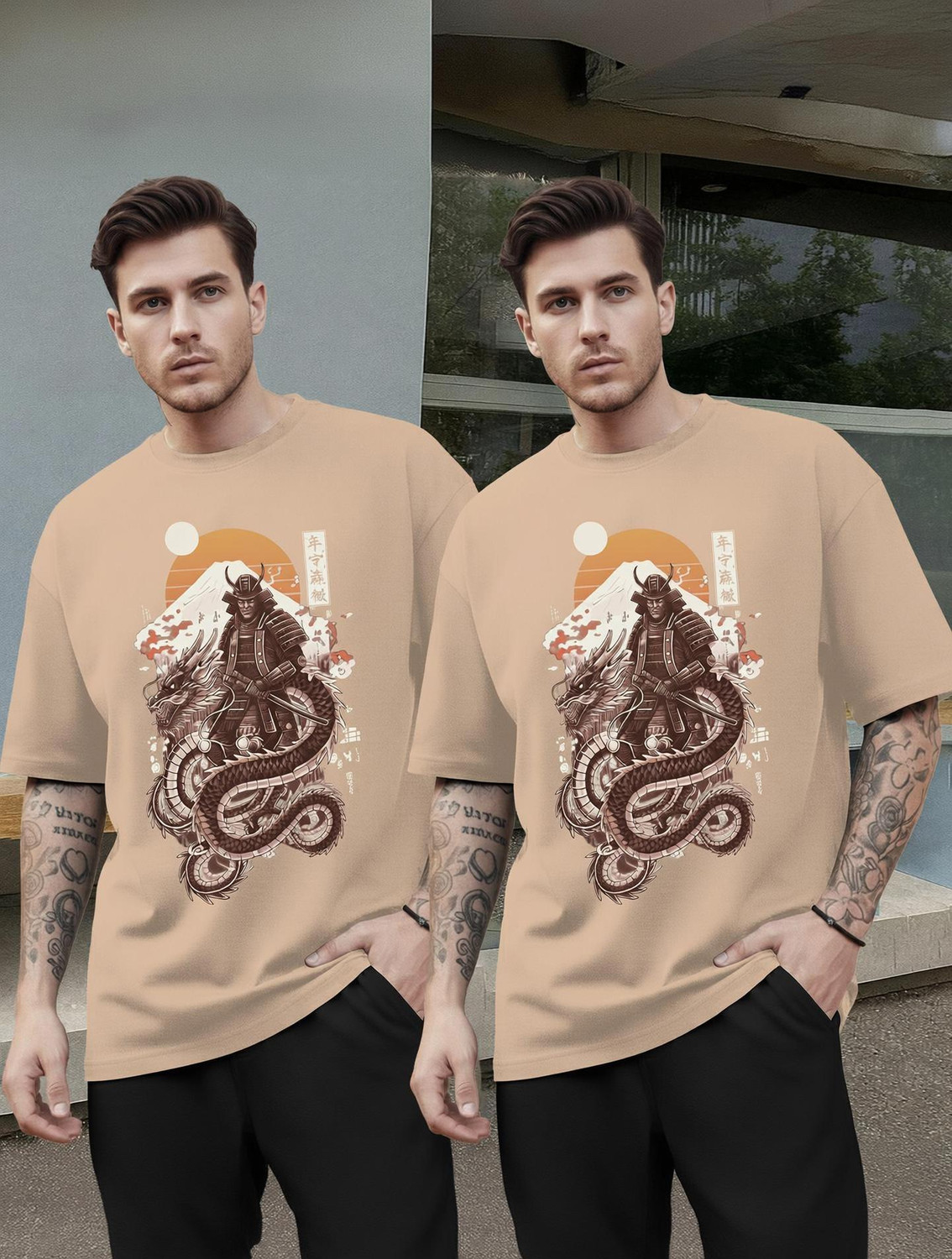 Image of TRIPR Typography Men Round Neck Beige T-Shirt