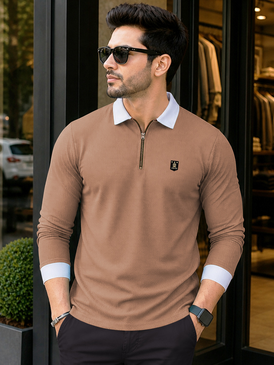 Image of VeBNoR Colorblock Men Zip Neck Brown T-Shirt