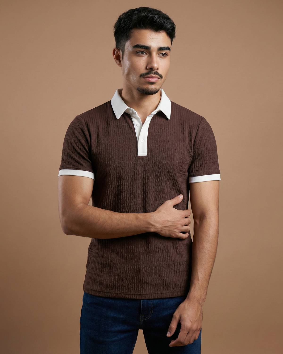 N AND J Men Self Design, Solid Polo Neck Polycotton Brown T-Shirt