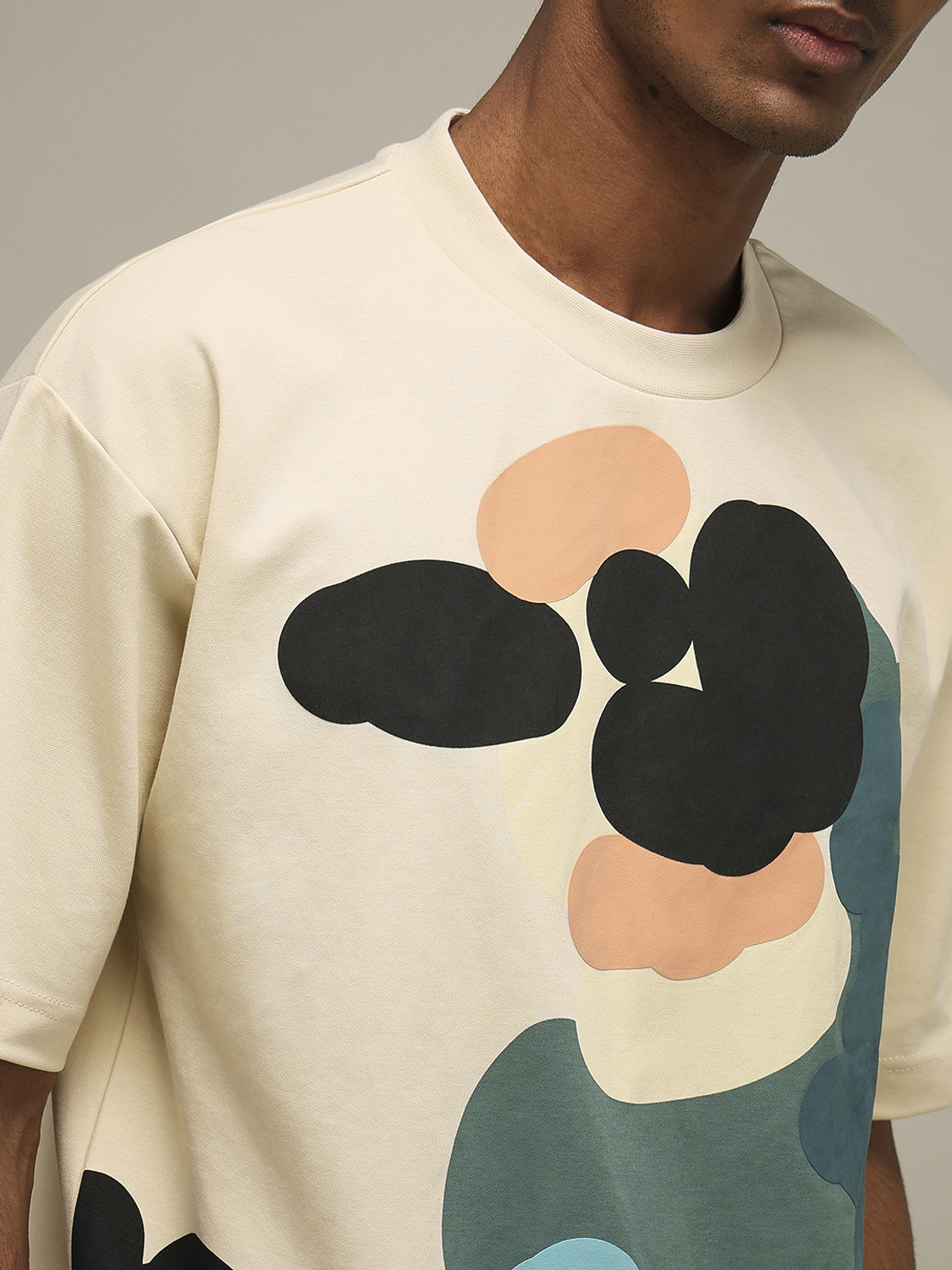 Image of MUFTI Printed Men Crew Neck Beige T-Shirt