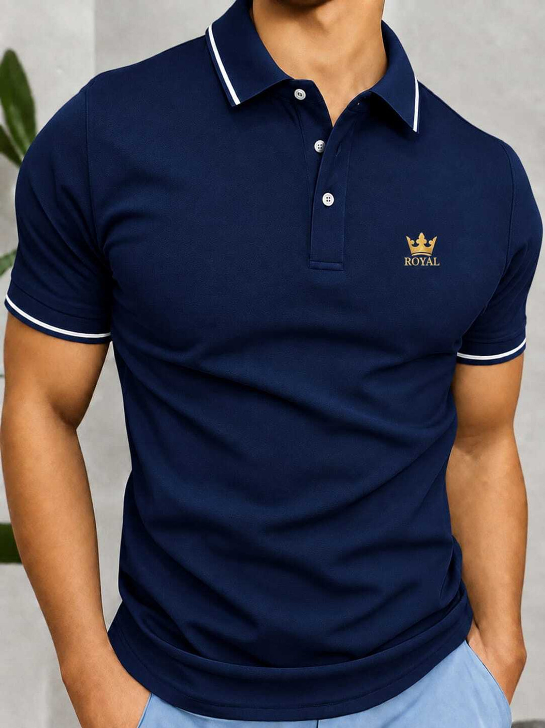 Image of AACHIPAN Men Colorblock Polo Neck Pure Cotton Dark Blue T-Shirt