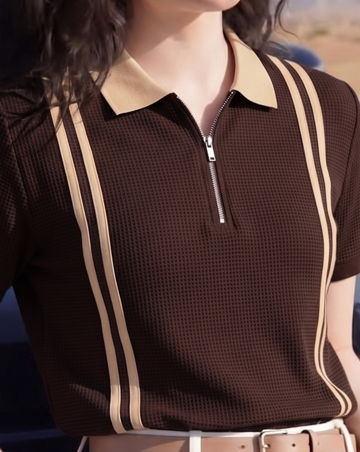 Image of AOOSH Self Design Women Zip Neck Brown T-Shirt