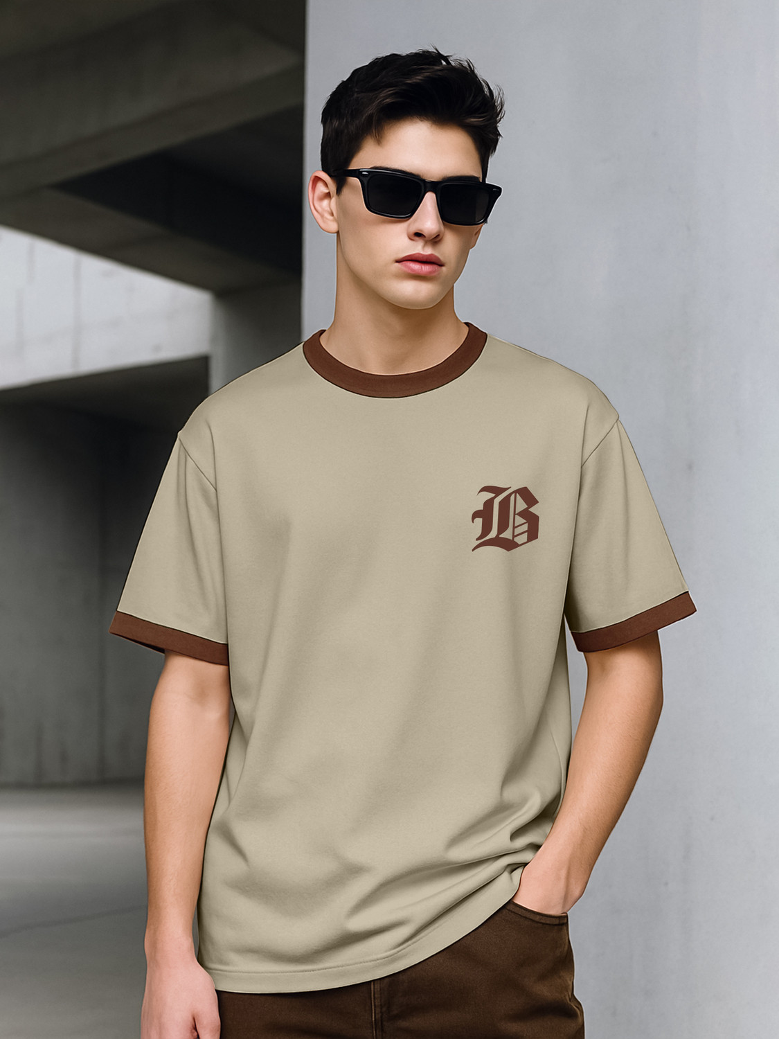Image of MANIAC Graphic Print Men Round Neck Beige, Brown T-Shirt