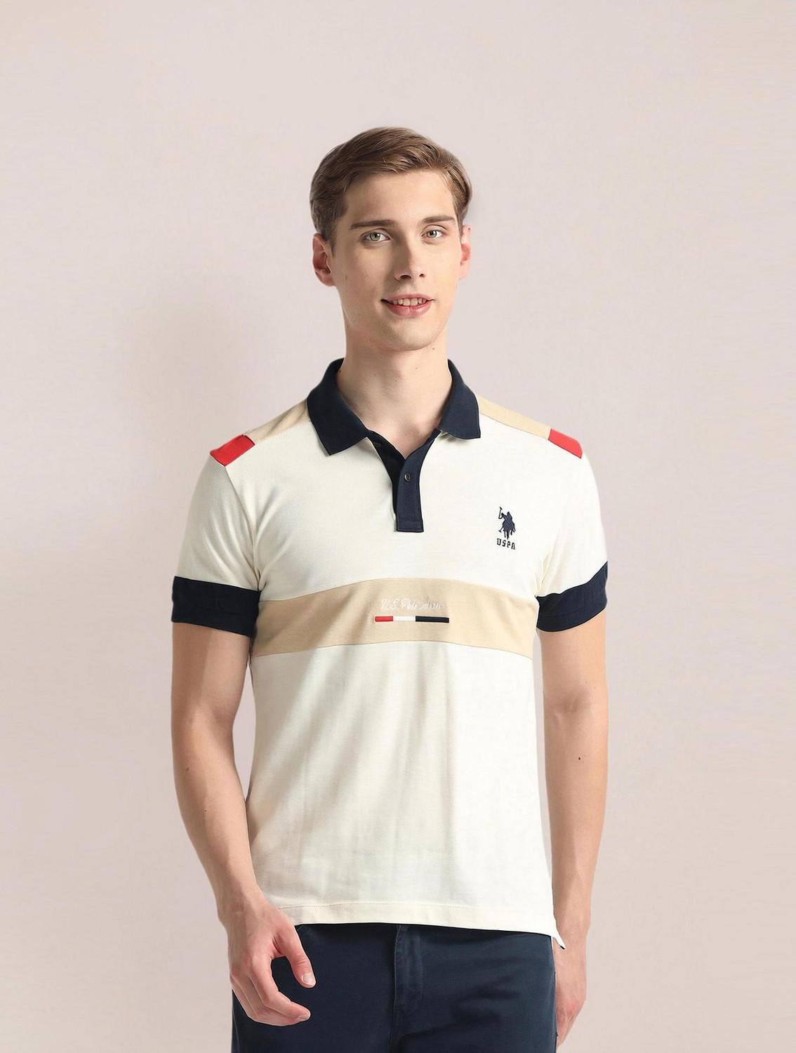Image of U.S. POLO ASSN. Colorblock Men Polo Neck Beige T-Shirt