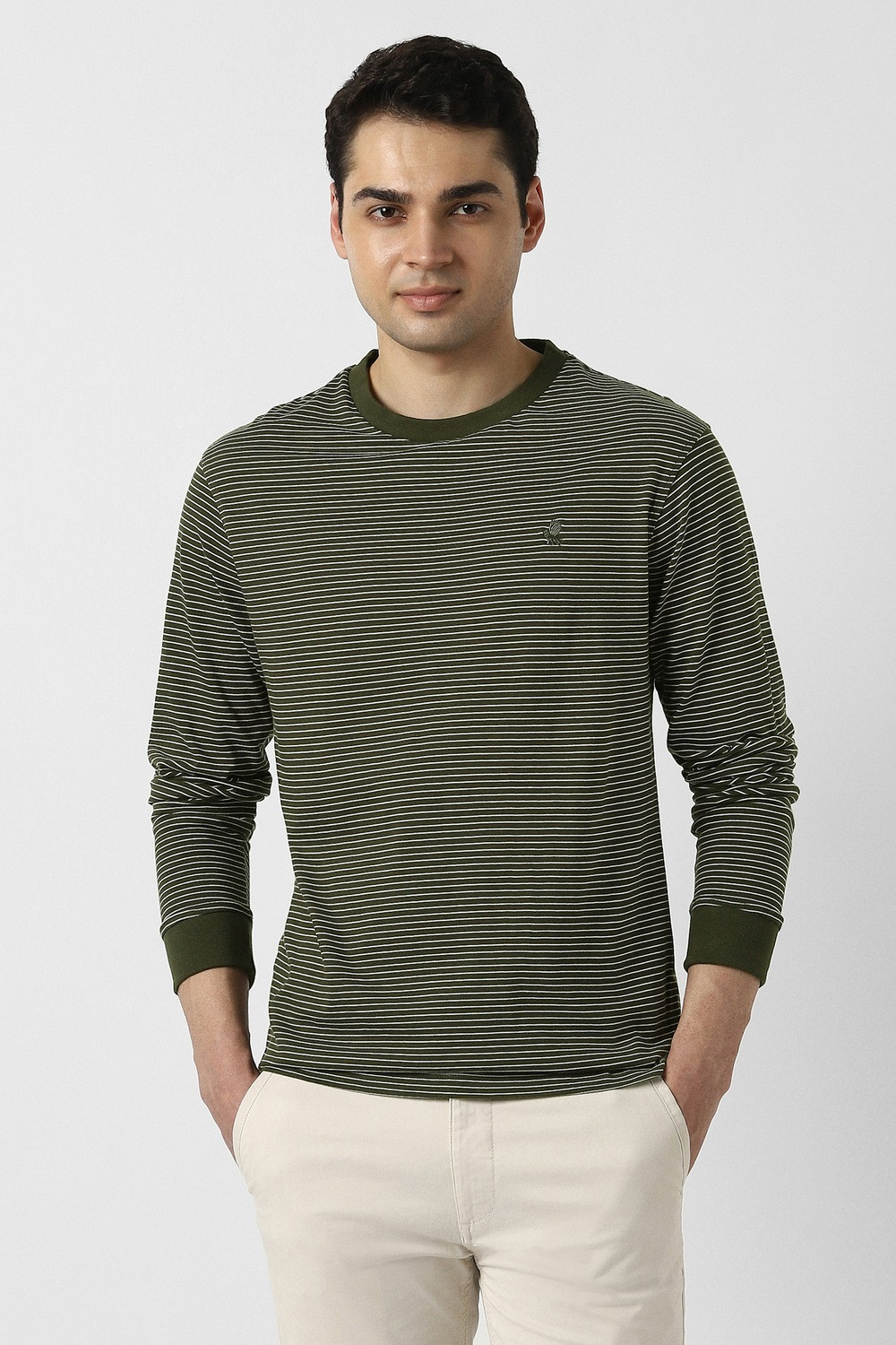 Image of PETER ENGLAND Striped Men Crew Neck Green T-Shirt