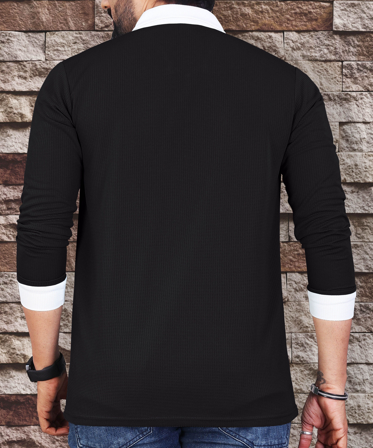 Image of VeBNoR Self Design Men Polo Neck Black T-Shirt