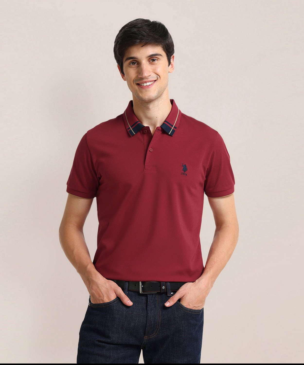 Image of U.S. POLO ASSN. Solid Men Polo Neck Maroon T-Shirt