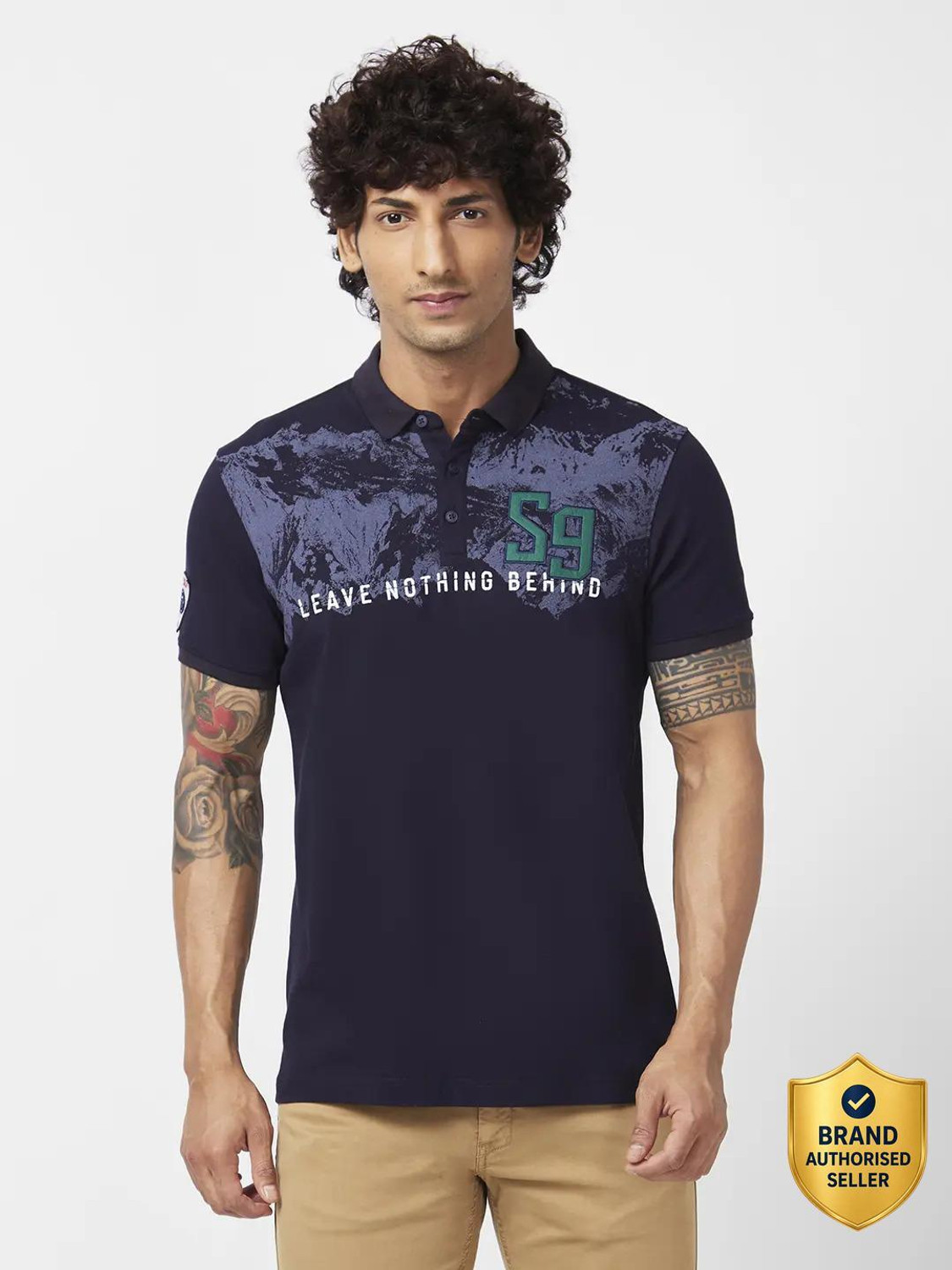 Image of Spykar Printed Men Polo Neck Blue T-Shirt