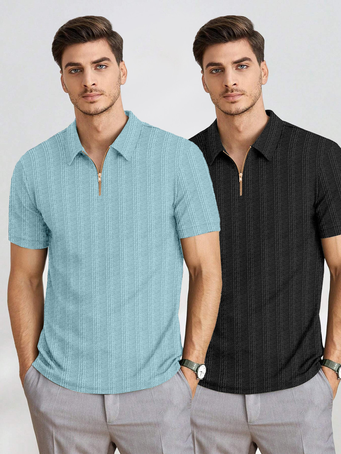 Image of COMBRAIDED Striped Men Zip Neck Black, White T-Shirt