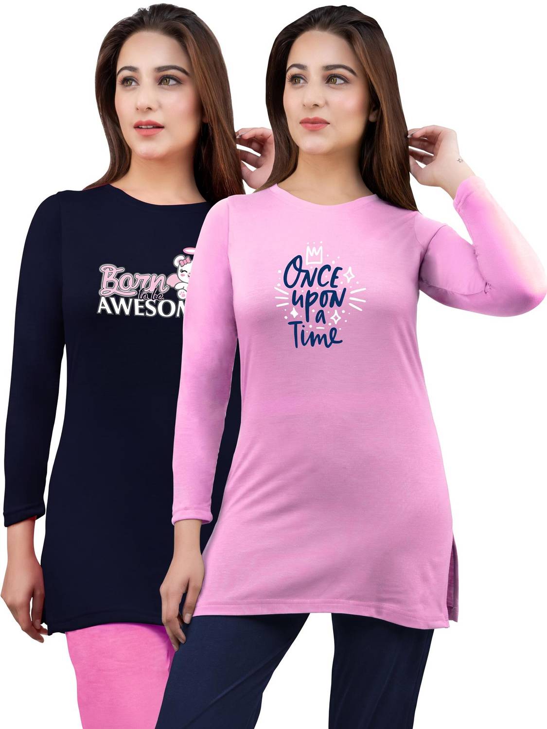 AMAHA Printed Women Round Neck Dark Blue, Pink T-Shirt