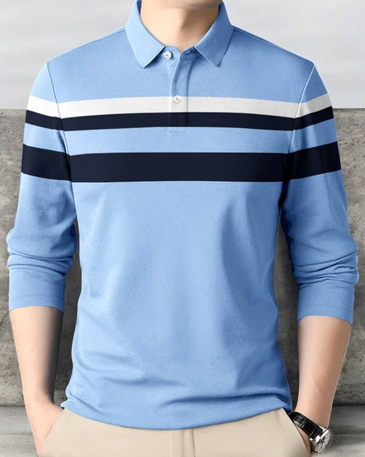 Highkind Men Striped Polo Neck Cotton Blend Blue T-Shirt