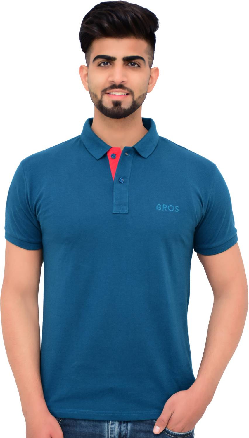3BROS Men Solid Polo Neck Cotton Blend Blue T-Shirt