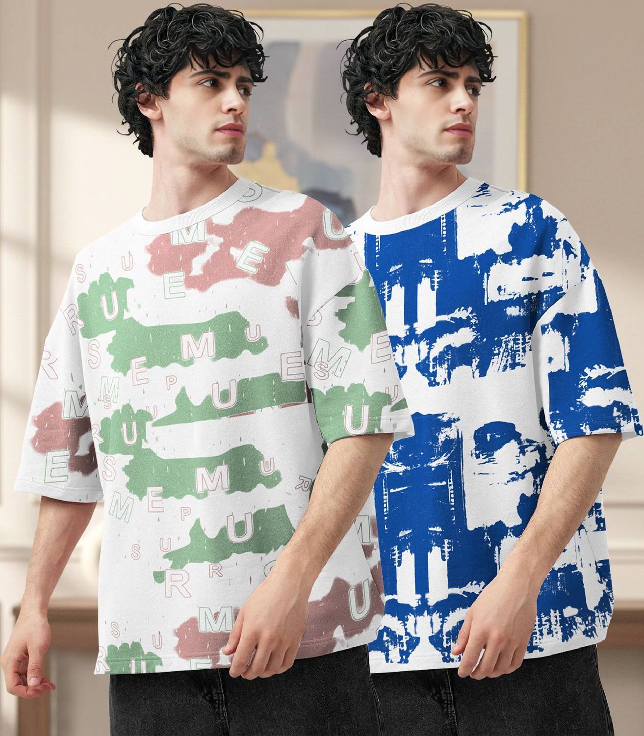 TRIPR Pack of 2 Men Graphic Print Round Neck Cotton Blend White,