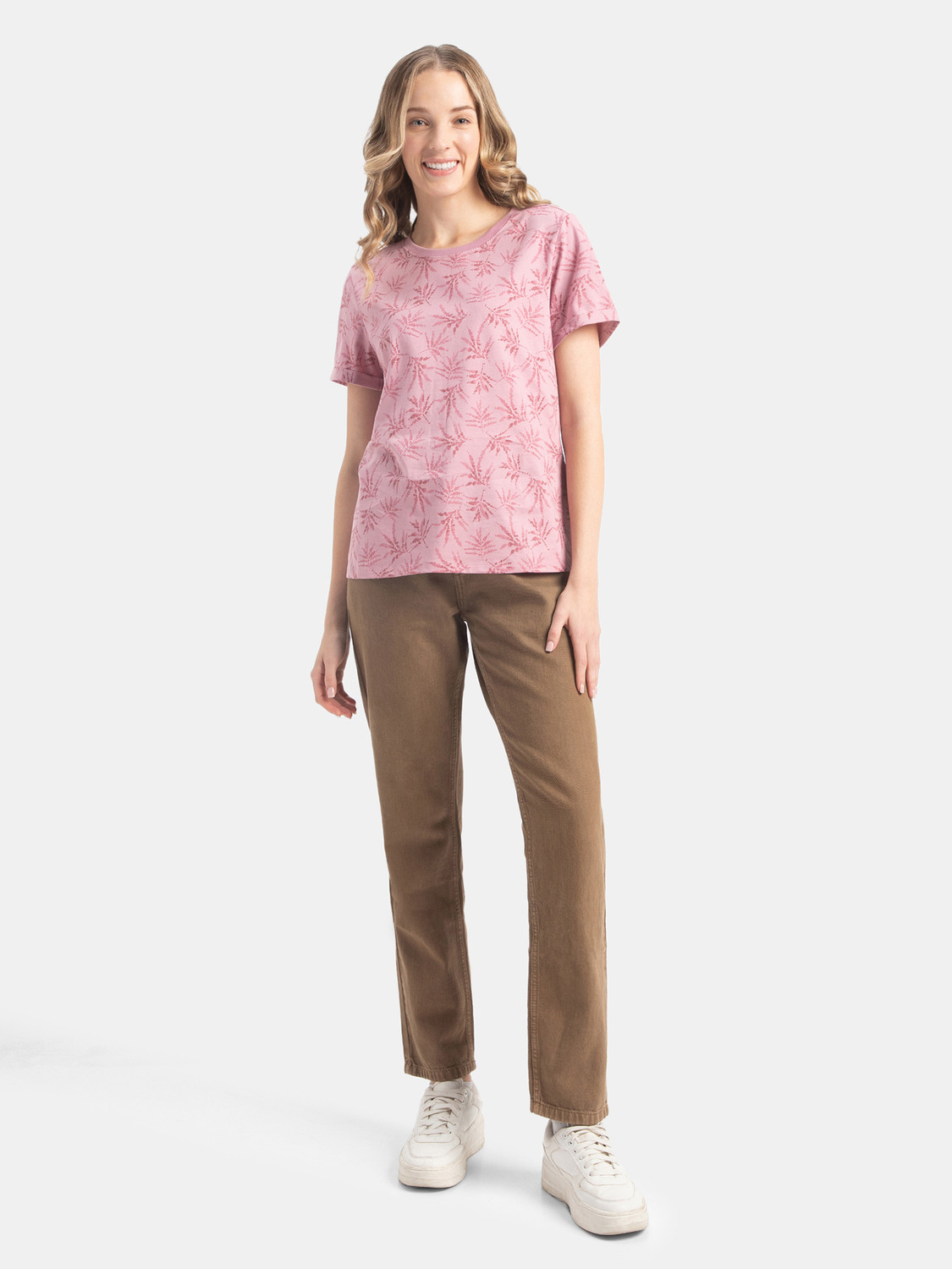 Image of JOCKEY Printed Women Round Neck Pink T-Shirt