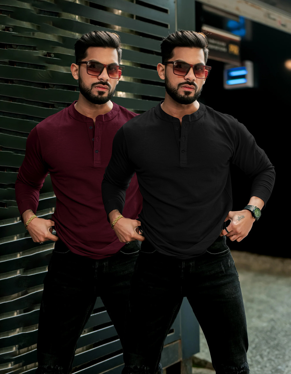 Image of Rufica Self Design Men Mandarin Collar Multicolor T-Shirt