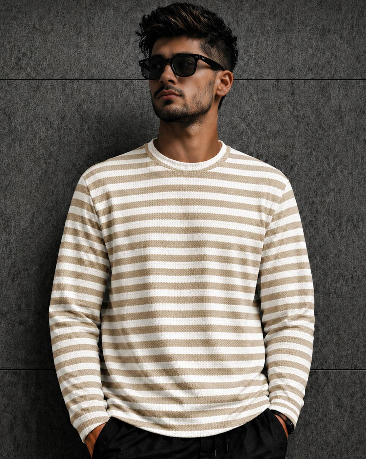 Force Men Striped Round Neck Polyester Brown T-Shirt