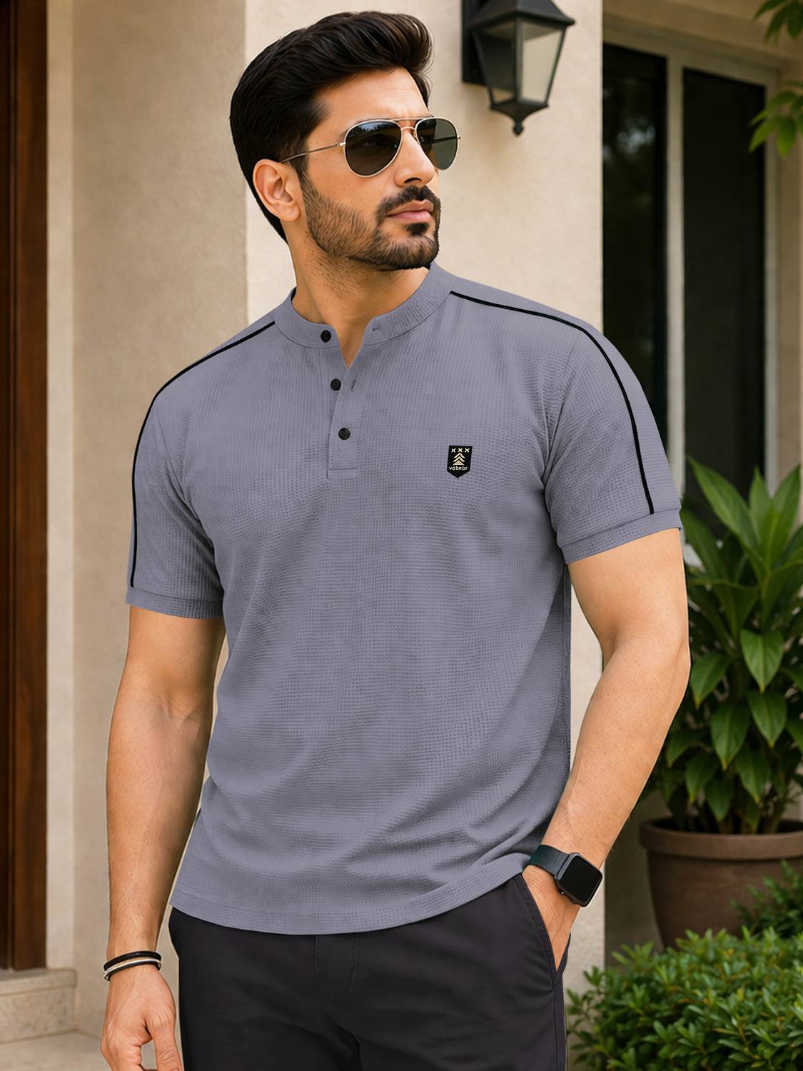 VeBNoR Men Grey Polo Neck T-Shirt - Image 1