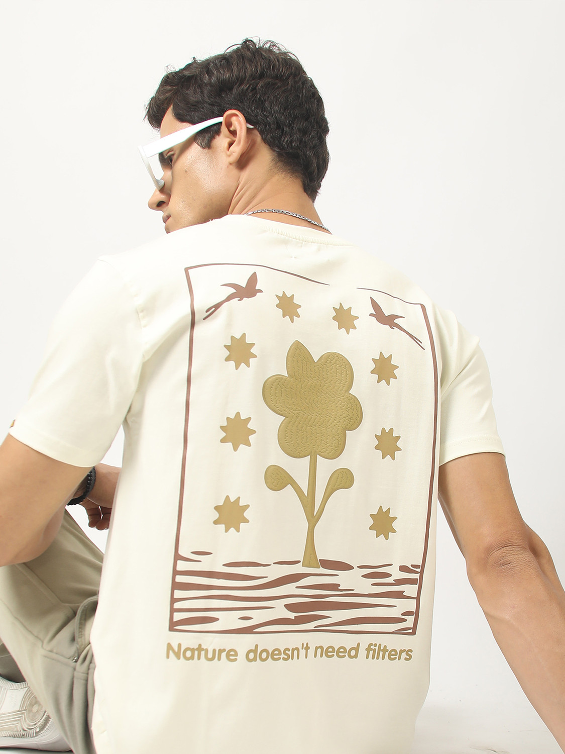 Image of MANIAC Printed Men Round Neck White, Brown T-Shirt