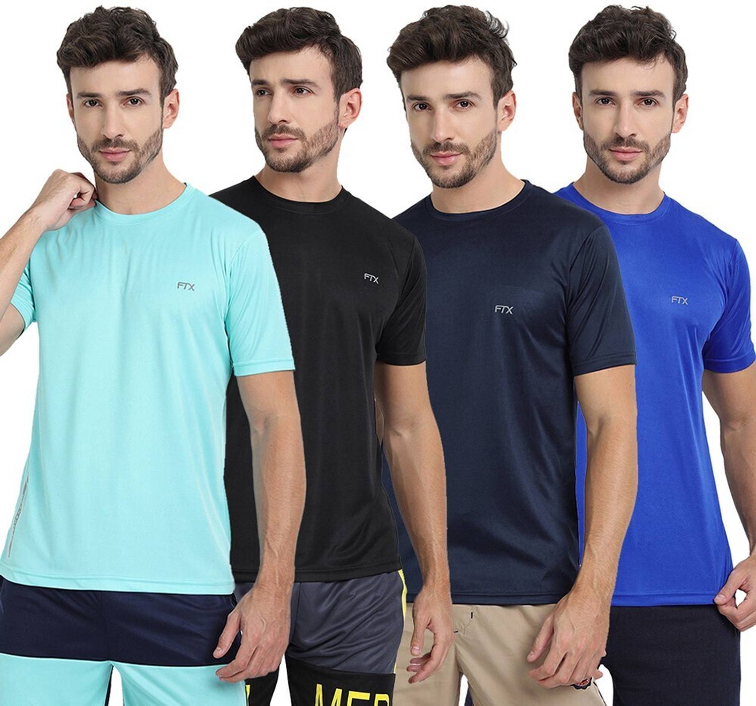 FTX Pack of 4 Men Solid Round Neck Polyester Dark Blue, Light Blu