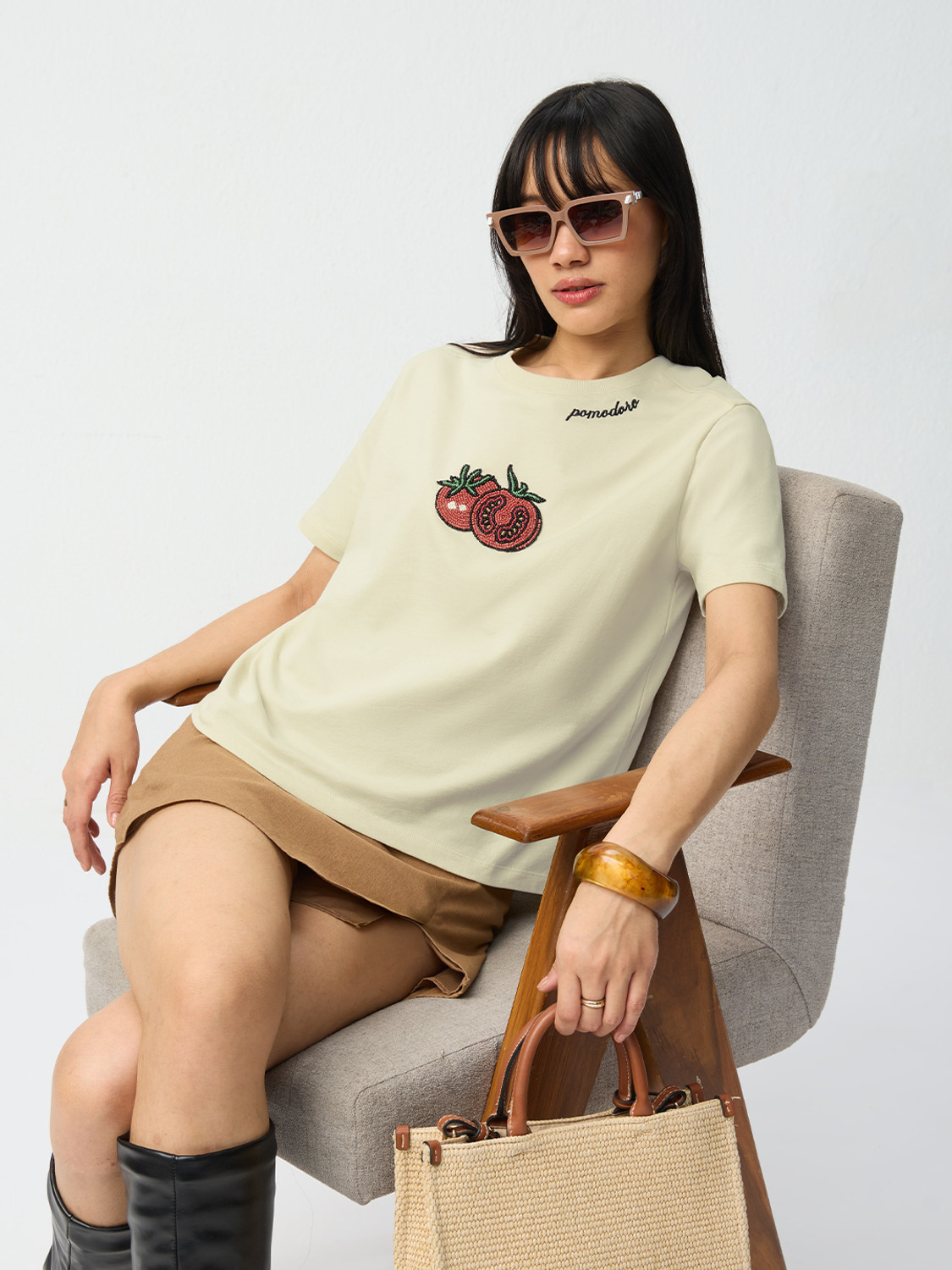 Image of The Souled Store Embroidered Women Round Neck Beige T-Shirt