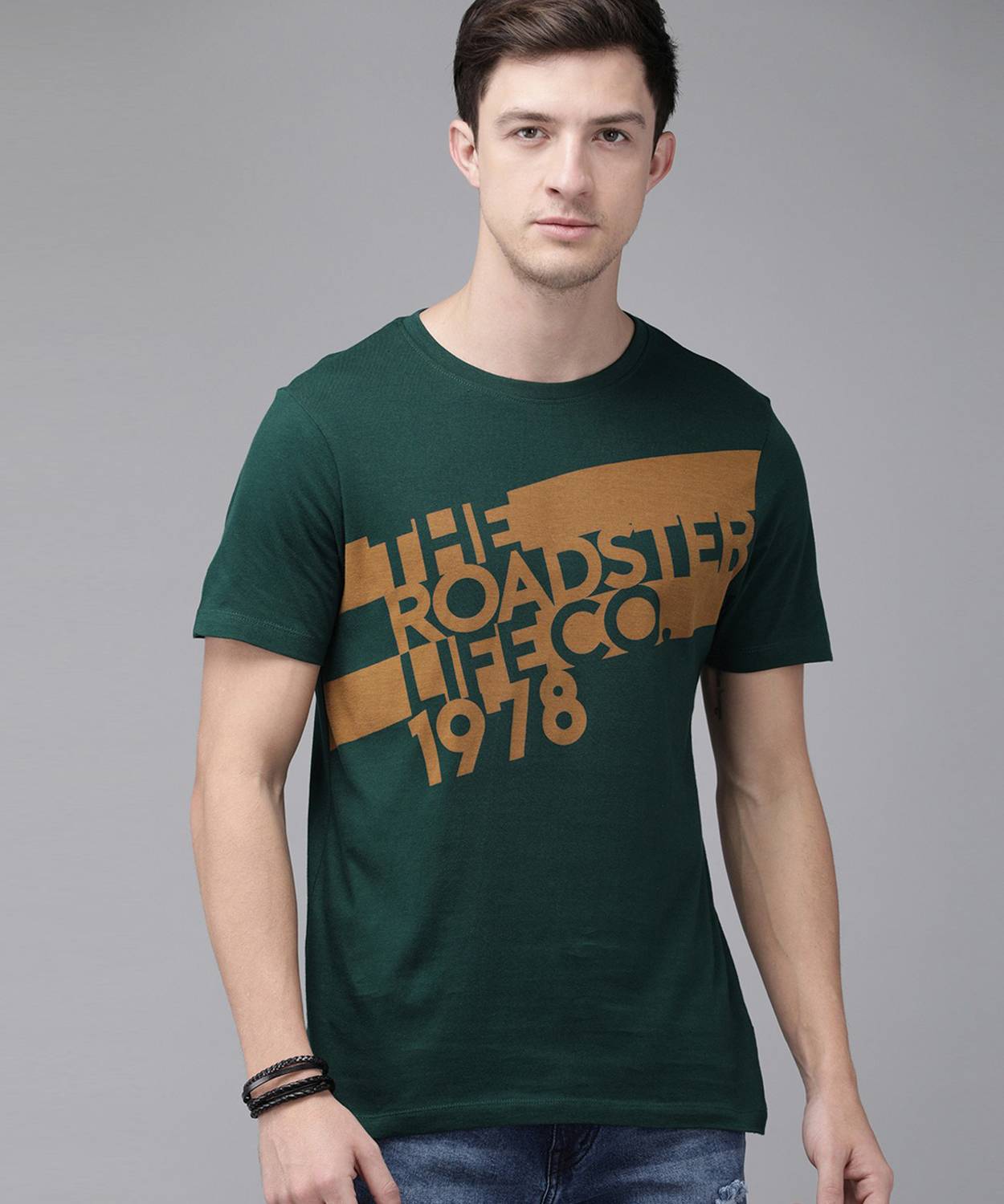 Roadster Men Printed Round Neck Pure Cotton Dark Green T-Shirt