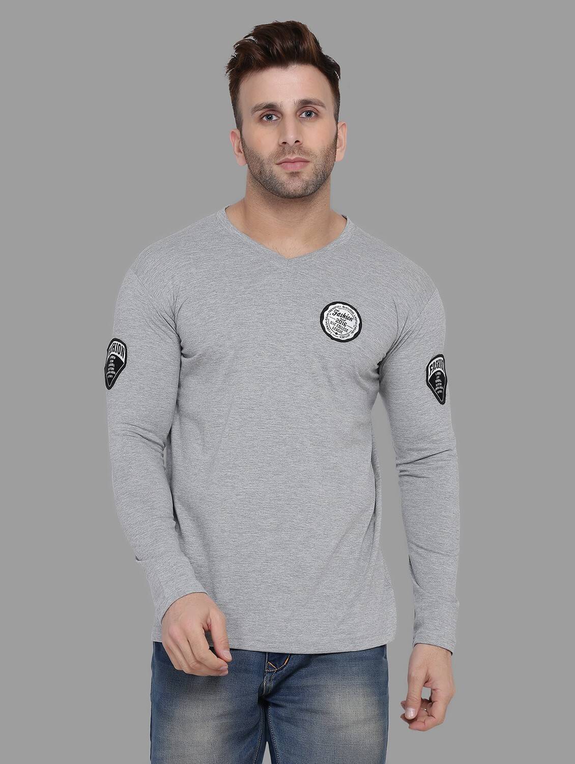 tfurnish Solid Men V Neck Silver T-Shirt