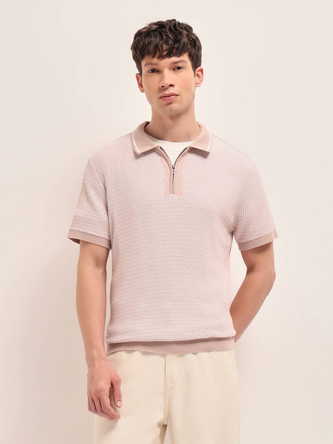 THE BEAR HOUSE Men Self Design Polo Neck Pure Cotton Pink T-Shirt
