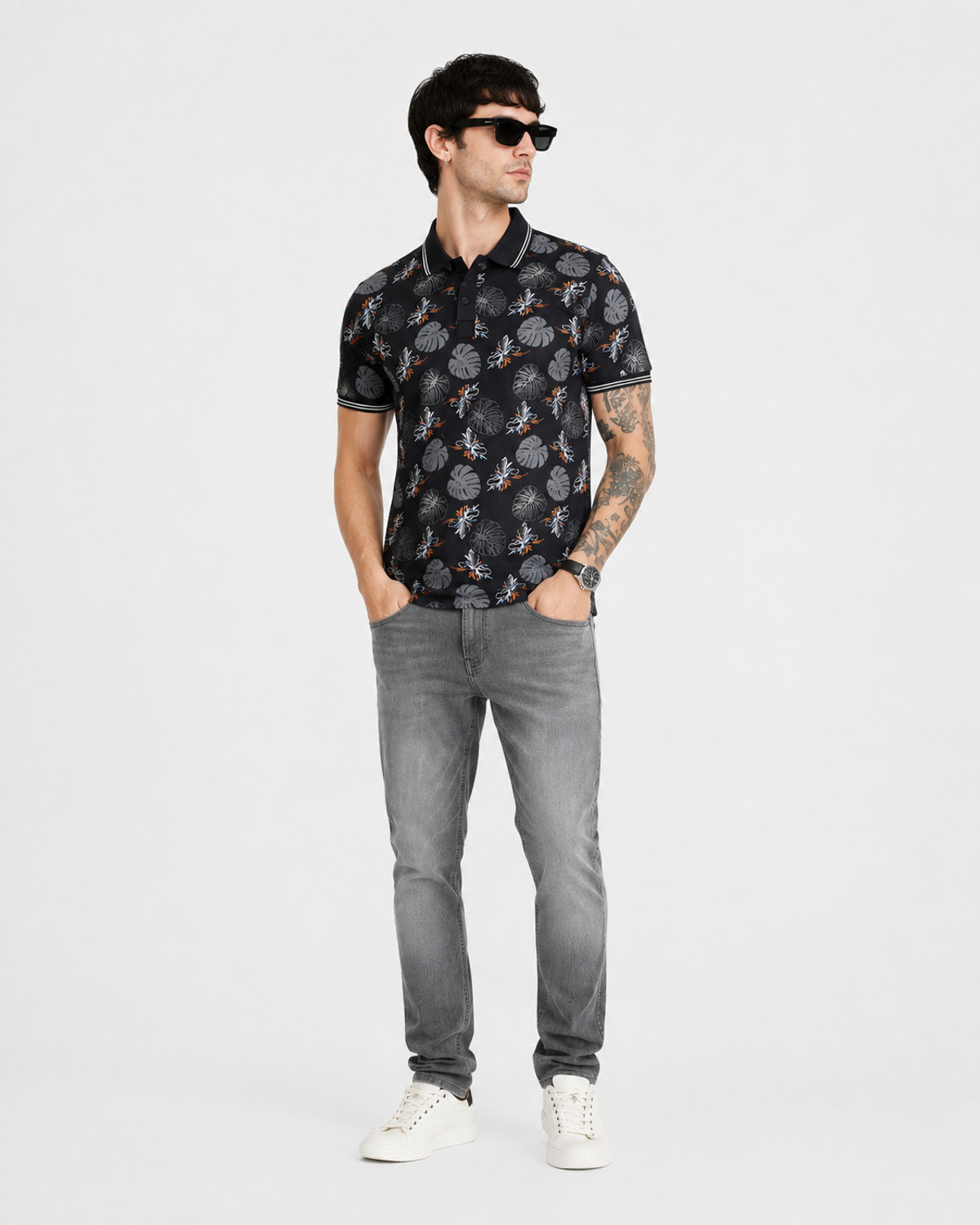 Image of Mr Rabby Printed Men Polo Neck Black T-Shirt