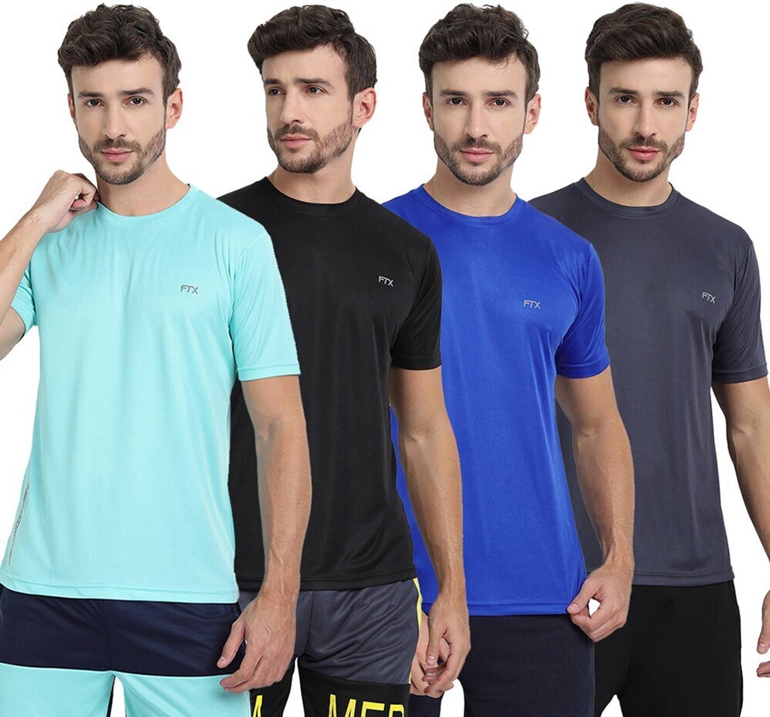 FTX Pack of 4 Men Solid Round Neck Polyester Light Blue, Blue, Bl