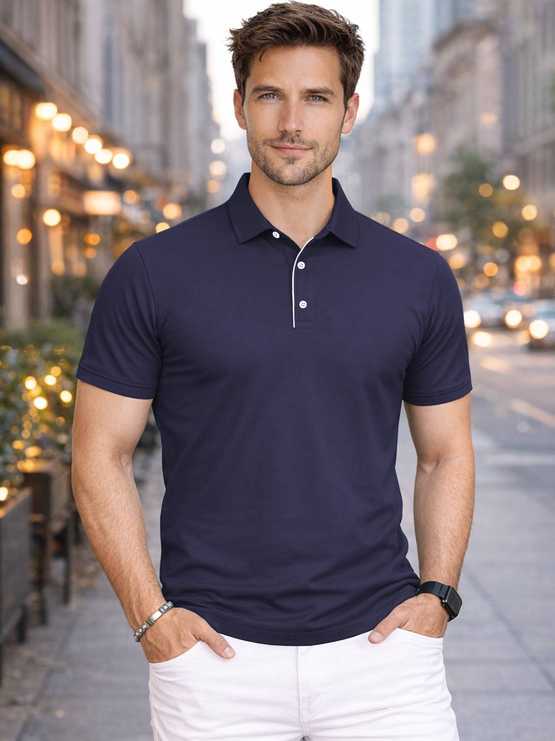 VeBNoR Men Solid Polo Neck Polyester Navy Blue T-Shirt