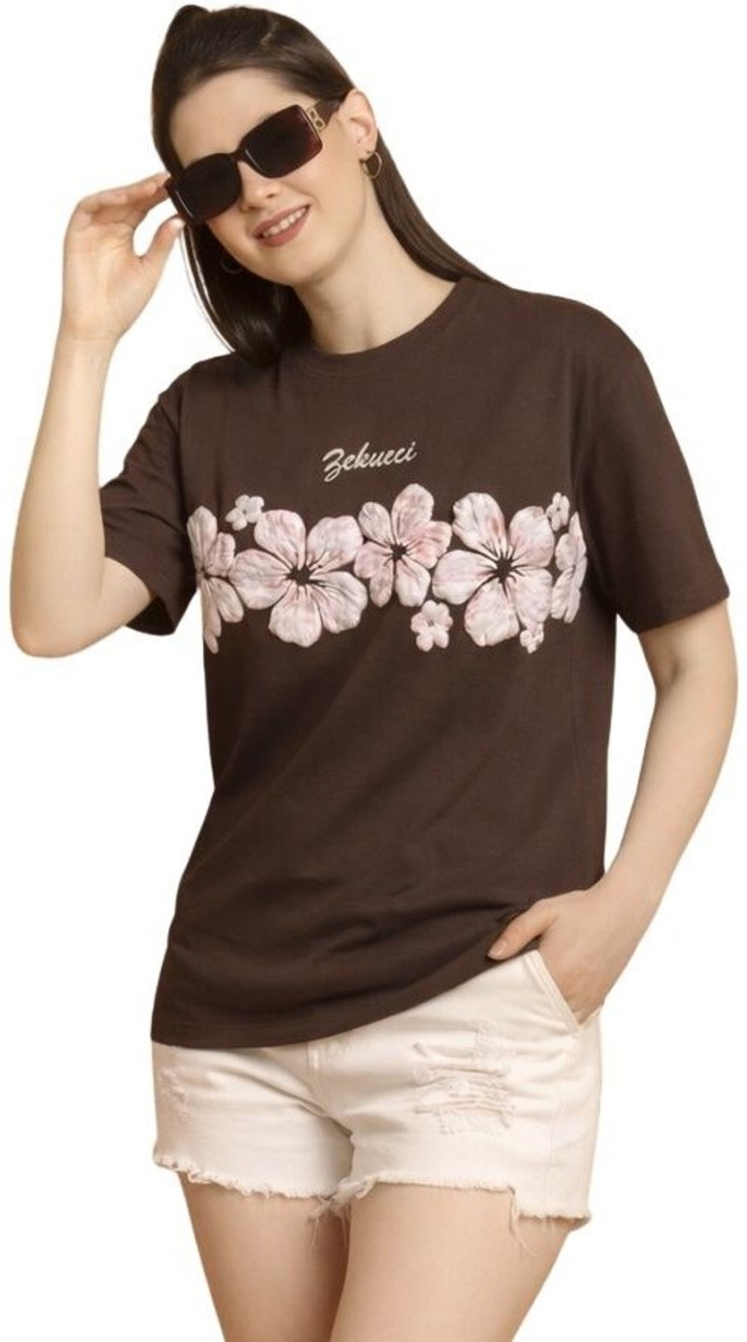Image of Starword Printed Women Round Neck Brown T-Shirt