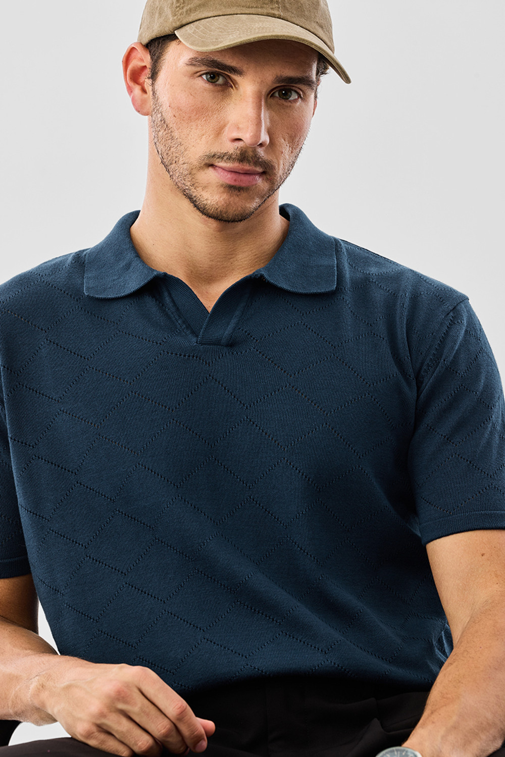 Image of Snitch Self Design Men Polo Neck Navy Blue T-Shirt