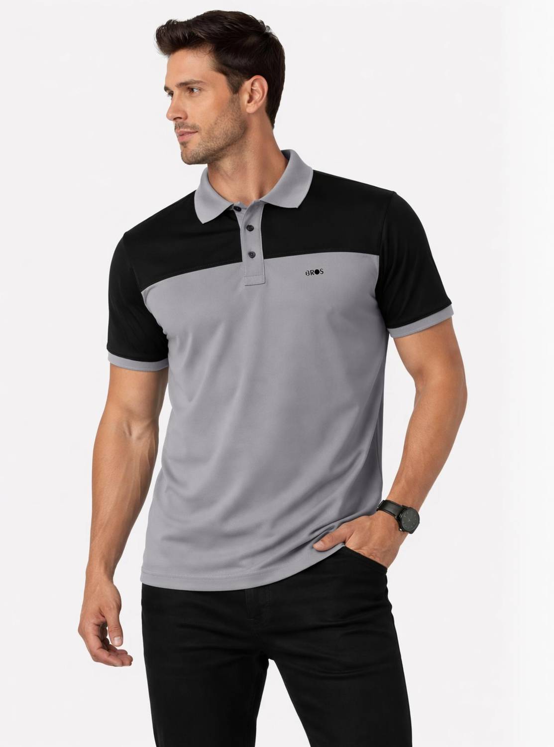 3BROS Colorblock Men Polo Neck Grey T-Shirt